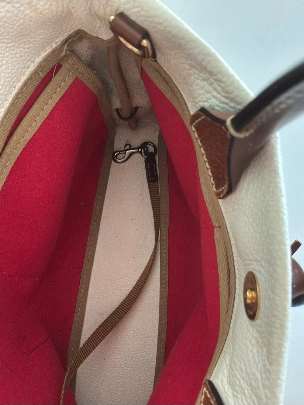 Dooney & Bourke White Pebbled Leather Satchel with Brown Trim and Tassel